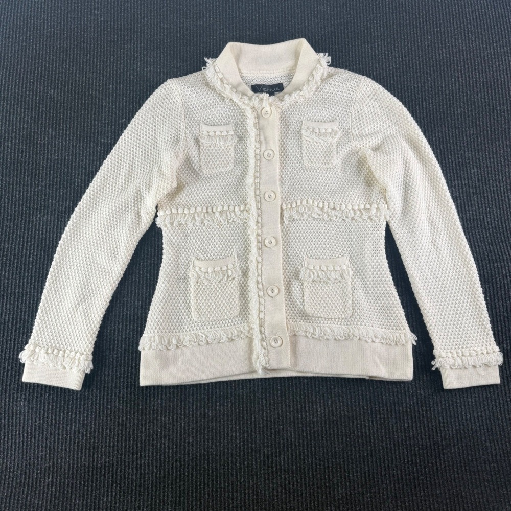Venue Cardigan Sweater Womens L Ivory Textured Knit Button Front Jacket Fringe